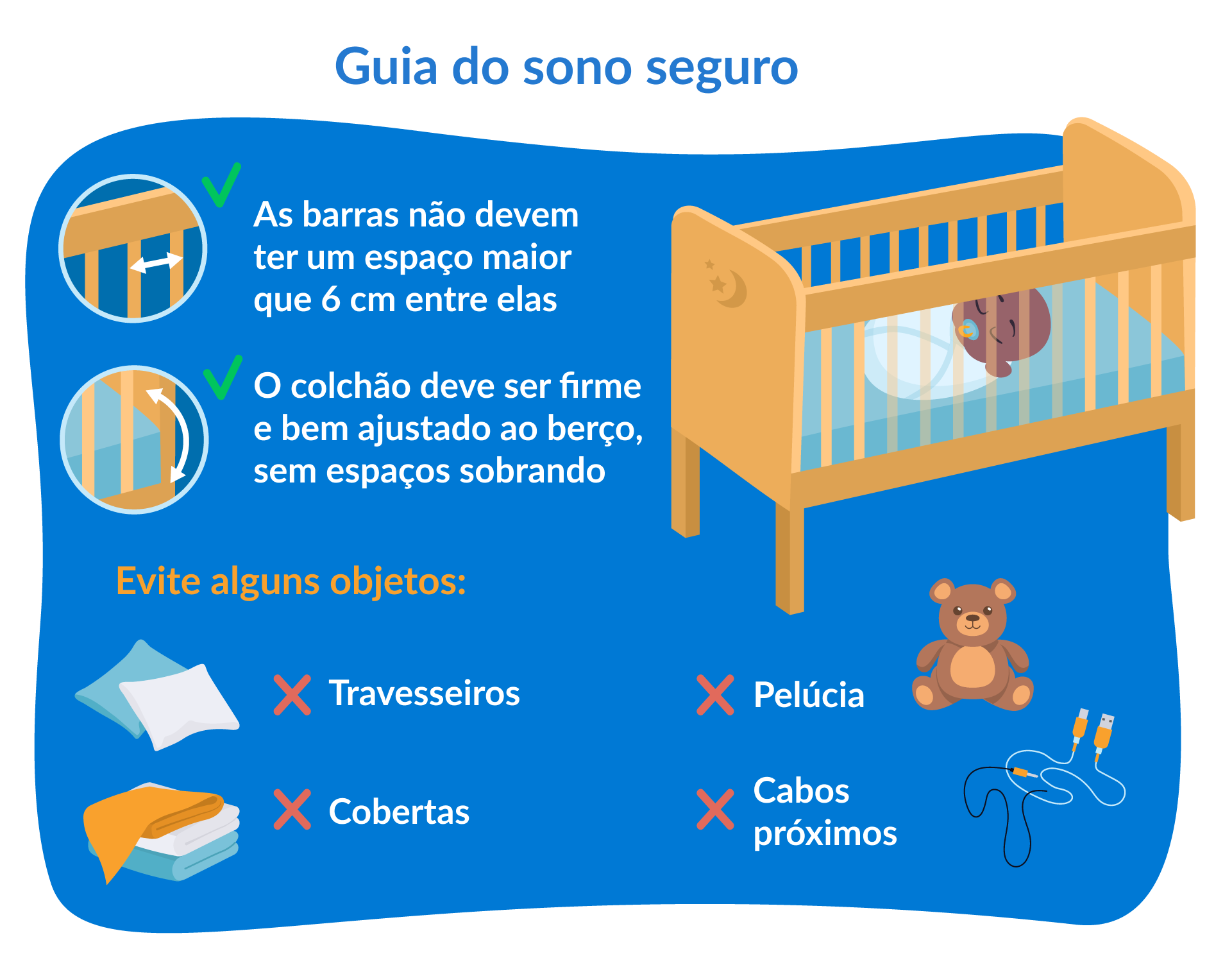 ilustração com recomendações de sono seguro para o bebê
